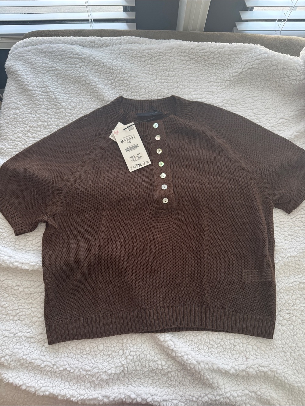 NWT Zara Brown Short-Sleeve Button-Front Mesh Sweater